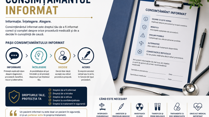 Infografic medical despre consimțământul informat și drepturile pacientului înainte de o procedură medicală