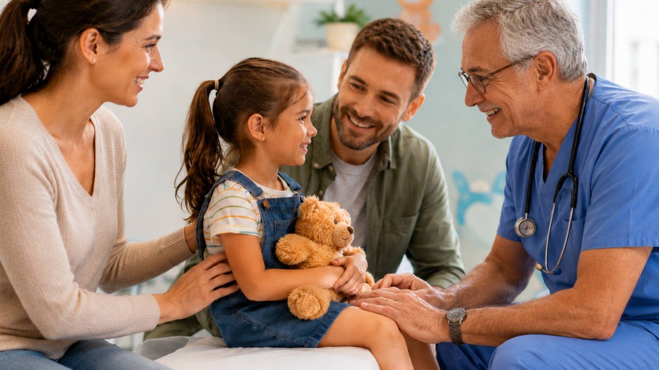 Consult de pediatrie cu medic pediatru, copil și părinți