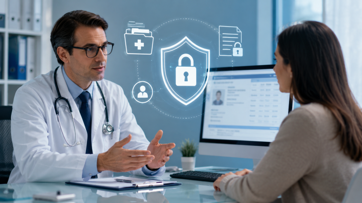 Medic discutând cu o pacientă despre confidențialitatea datelor medicale și protecția informațiilor personale