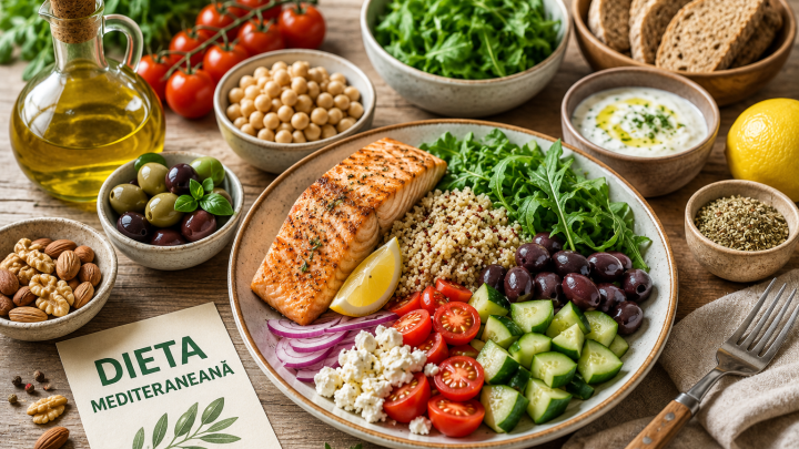 Farfurie cu alimente specifice pentru dieta mediteraneană și alimentație sănătoasă