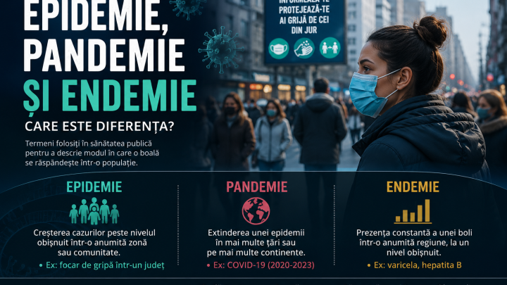 Persoane cu mască într-un spațiu urban și explicații despre epidemie, pandemie și endemie