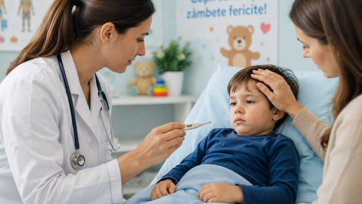 Medic pediatru care consultă un copil cu febră în cabinet