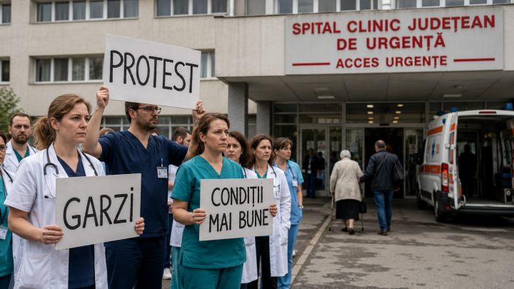 Personal medical protestând în fața unui spital în timpul grevei generale din România