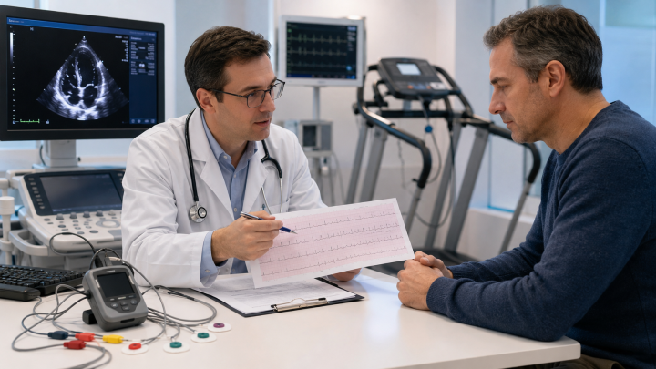 Medic cardiolog explicând unui pacient rezultatele EKG-ului într-un cabinet de cardiologie