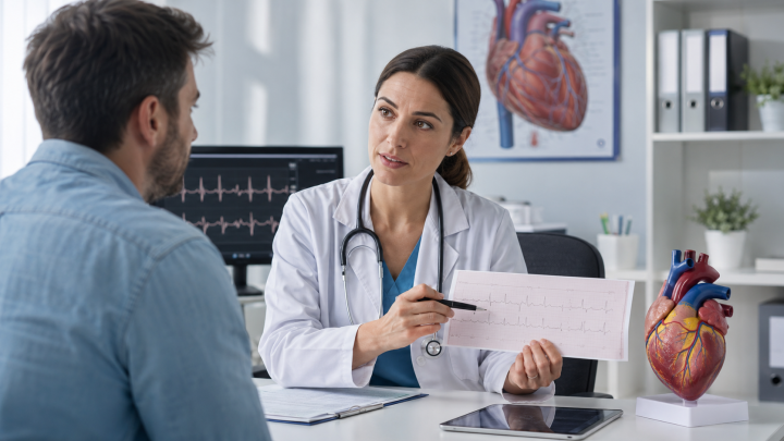 Cardiolog explică unui pacient rezultatul EKG pentru palpitații cardiace