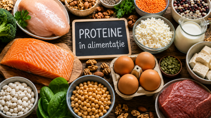 Surse sănătoase de proteine în alimentație, cu pește, ouă, iaurt, leguminoase, nuci și legume