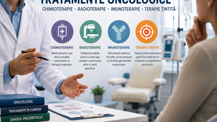 Medic care explică unui pacient diferența dintre chimioterapie, radioterapie, imunoterapie și terapie țintită