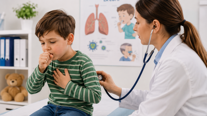 Medic pediatru care consultă un copil cu tuse în cabinet