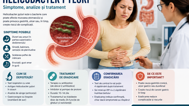 Pacientă cu dureri de stomac discutând cu medicul despre Helicobacter pylori, analize și tratament