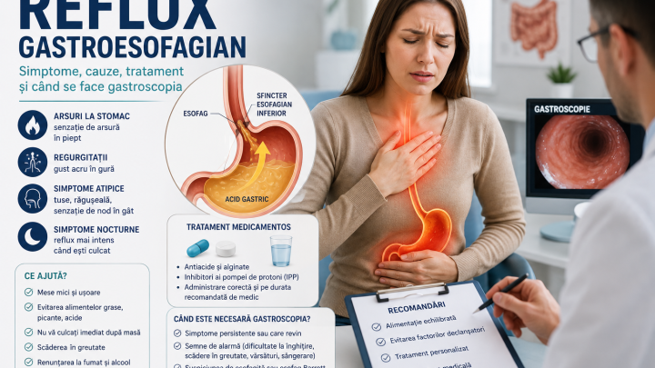 Femeie cu simptome de reflux gastroesofagian discutând cu medicul despre arsuri, regurgitații și gastroscopie