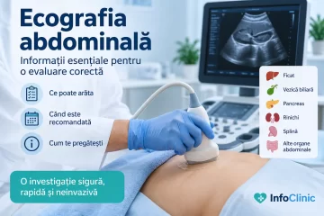 Medic efectuând o ecografie abdominală cu sonda poziționată pe abdomen