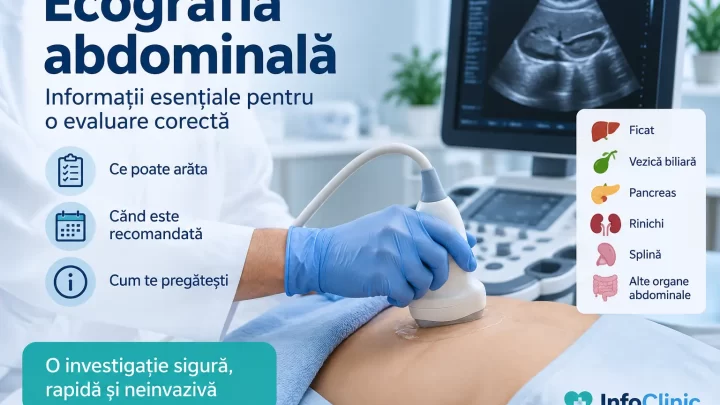 Medic efectuând o ecografie abdominală cu sonda poziționată pe abdomen